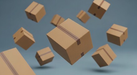 Fototapeta premium Several brown cardboard boxes floating against a gradient blue-grey background.