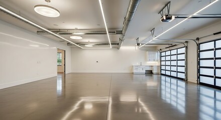 Obraz premium Modern industrial loft space with polished concrete floors and garage doors.