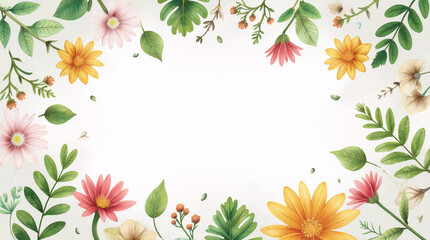 Bright floral border featuring various flowers and leaves against a light background suitable for cards and invitations