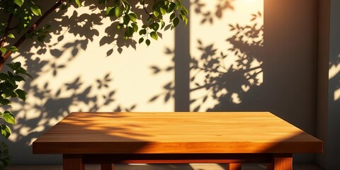 Sunlit wooden table, leafy shadows dappled on wall, tranquil scene,  minimal,  decor