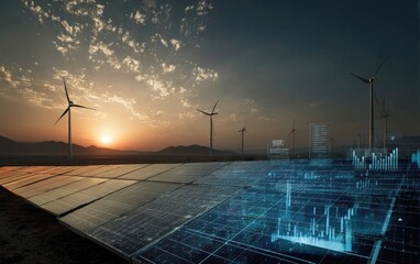 Solar panels and wind turbines at sunset, overlaid with data visualizations