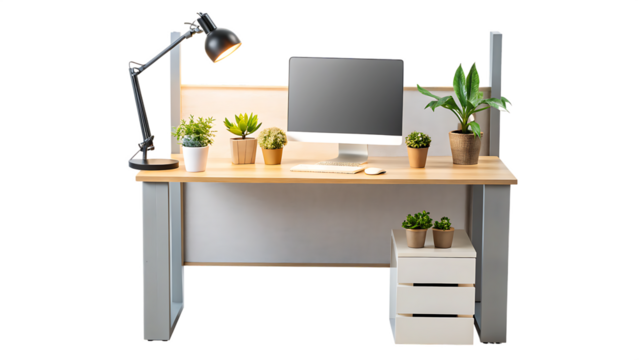 Wooden desk with computer and plants isolated on a transparent background office