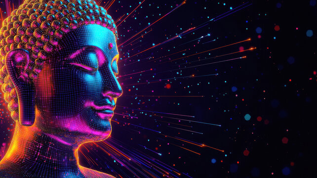 buddha with pix-elated glitches neon line
