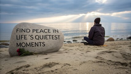 Inspirational quote on a stone with a person meditating on a tranquil beach.