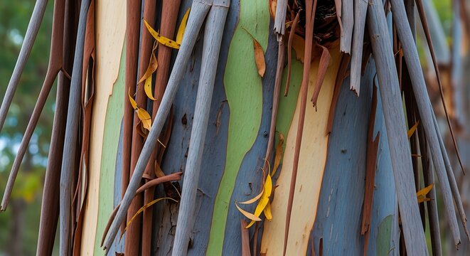 Vibrant Rainbow Eucalyptus Tree Bark Texture Close-Up.