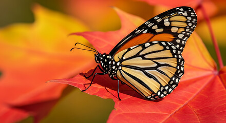 Vibrant Monarch Butterfly Perched on Fiery Red Autumn Maple Leaves, Showcasing Delicate Wing Patterns.