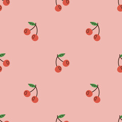 Cherry Sparse Seamless Pattern. Modern playful Background with fresh berries and leaves. Hand drawn Fruit design for Food and Drink. Vector illustration