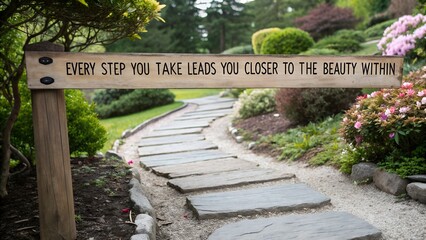Inspirational Quote on a Wooden Sign Along a Winding Stone Path.