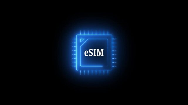 Glowing neon eSIM card icon concept animation. Neon network chip electronic connection on 4k video Mobile and wireless communication technology.