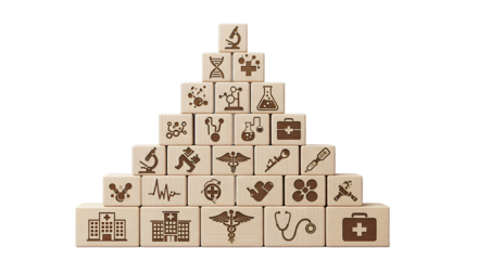 Pyramid of wooden blocks with medical and scientific symbols on a black background in studio shot