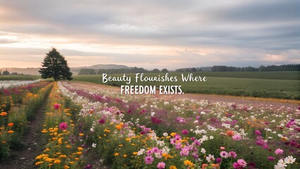 Obraz premium Inspirational Quote Over a Serene Field of Colorful Flowers at Dawn.