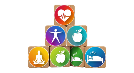 Stack of wooden blocks with health and wellness icons including heart exercise diet meditation and sleep
