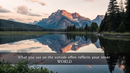 Inspirational Quote Over a Serene Mountain Lake Reflection at Sunrise.