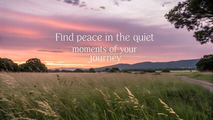 Inspirational quote over a serene sunset landscape with golden grasses and rolling hills.