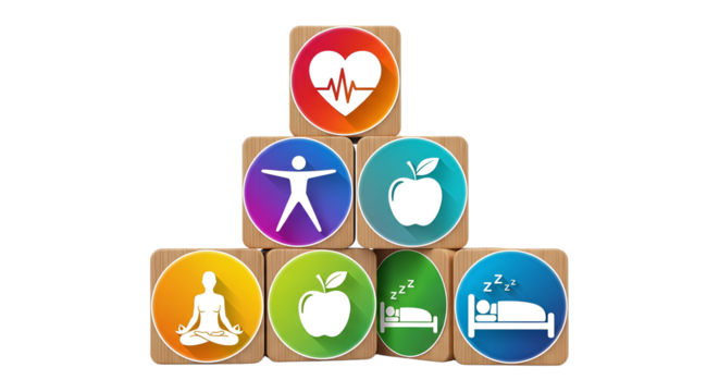 Stack of wooden blocks with health and wellness icons including heart exercise diet meditation and sleep