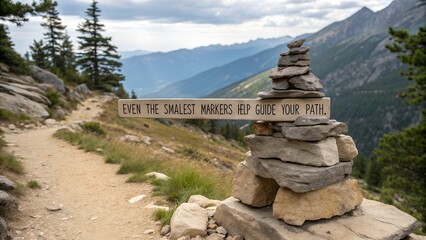 Inspirational quote sign and stone cairn on a mountain hiking path.