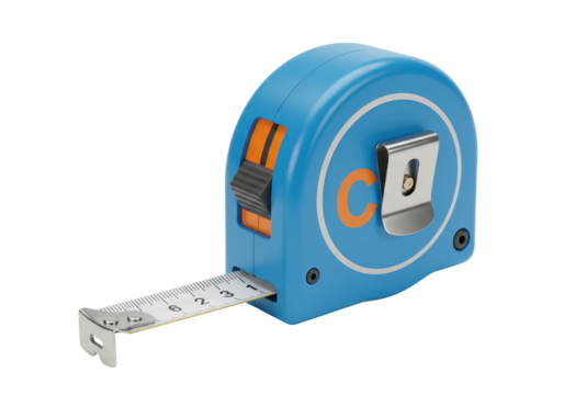 Isolated Blue compact tape measure tool with orange accents, in studio shot, measuring