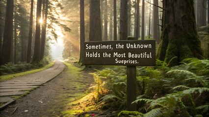 Inspirational Quote Sign on a Serene Forest Path with Morning Sunlight.