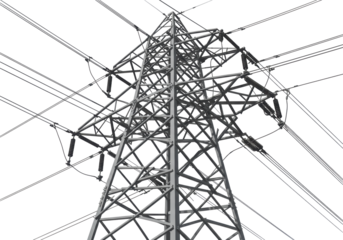 Isolated Electricity Transmission Tower, Monochrome Steel Lattice Structure, High Voltage Cables
