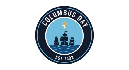 Columbus day emblem with ships sailing on blue water and a compass in a circular logo design