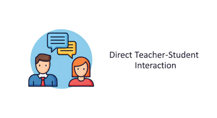 Illustration of teacher and student avatars communicating with speech bubbles in a blue circle