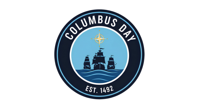 Columbus day emblem with ships sailing on blue water and a compass in a circular logo design