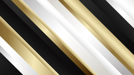 Obraz premium Abstract luxury background with black, white, and gold metallic stripes. Elegant diagonal design for wallpapers, templates, banners, business, awards, websites, and pages