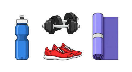 Illustration of blue water bottle dumbbells red sneakers and a purple yoga mat on black background