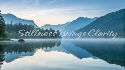 Inspirational quote Stillness Brings Clarity over a tranquil mountain lake at sunrise.