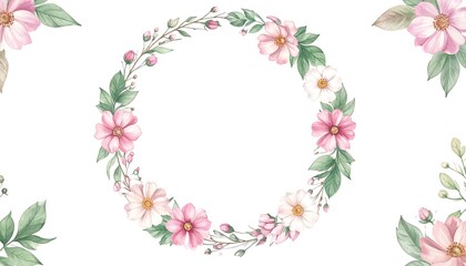 Fototapeta premium Watercolor Pink and White Flower Wreath.