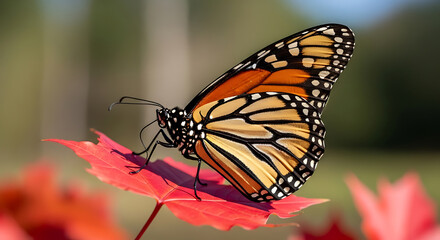 Fototapeta premium Majestic Monarch Butterfly Perched on Vibrant Red Maple Leaf in Soft Sunlight.
