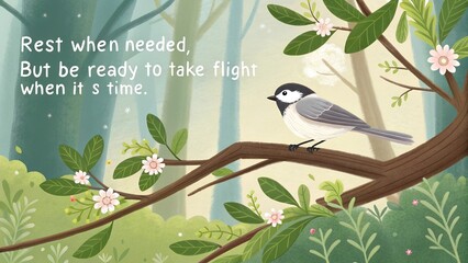 Inspirational quote with a cute bird resting on a tree branch.