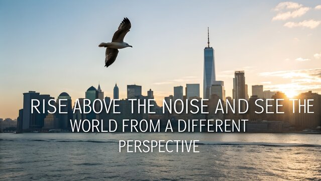 Inspirational quote with a bird flying over the New York City skyline at sunrise.