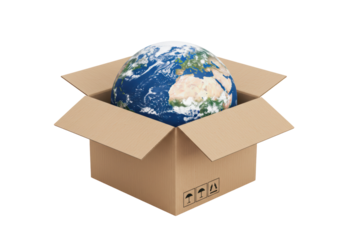 Isolated world in a cardboard box globe shipment, concept for delivery, transportation