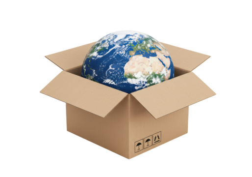 Isolated world in a cardboard box globe shipment, concept for delivery, transportation
