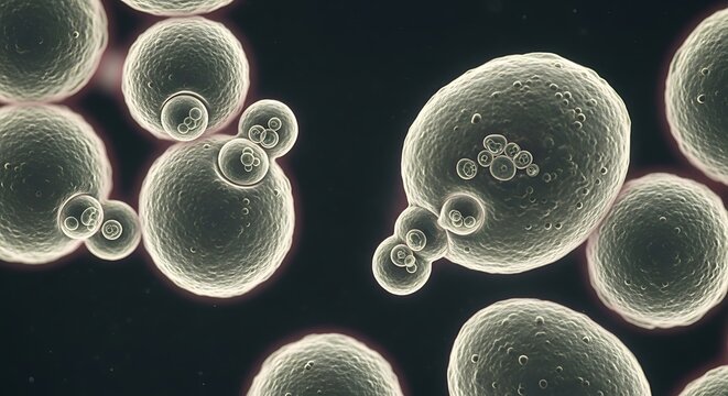 Yeast cells budding under microscope scientific illustration.