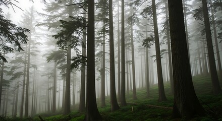 Obraz premium Misty Forest Trunks and Canopy.