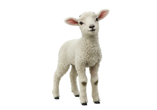 Isolated lamb, adorable, cute and fuzzy, standing, front view, in full length shot, new life
