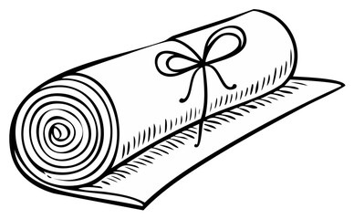 Rolled Mat Illustration: Line art drawing of a rolled yoga mat with bow, exercise equipment sketch.