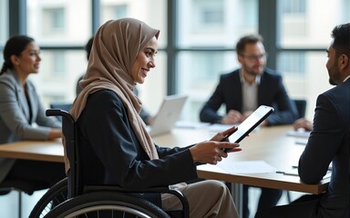 Asian Muslim business woman in hijab headscarf sitting on wheelchair presenting of her work to corporate colleagues in meeting in the modern office. diverse corporate colleagues and multicultural