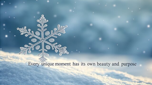 Inspirational winter scene with a unique snowflake and a quote about beauty and purpose.