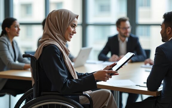 Asian Muslim business woman in hijab headscarf sitting on wheelchair presenting of her work to corporate colleagues in meeting in the modern office. diverse corporate colleagues and multicultural
