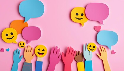 Layered paper cut design; colorful speech bubbles, emojis, supportive hands, cyberbullying awareness, kindness, mental health
