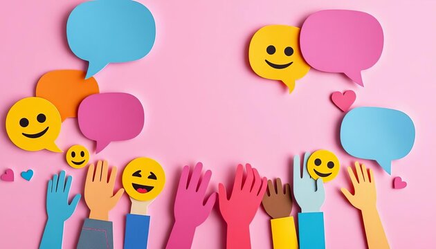 Layered paper cut design; colorful speech bubbles, emojis, supportive hands, cyberbullying awareness,  kindness,  mental health - Powered by Adobe