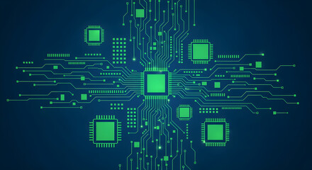 Obraz premium Abstract microchips digital network with glowing green circuit board lines on a dark blue background representing technology and data flow