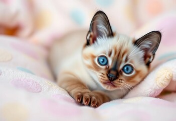 Playful Siamese kitten with striking blue eyes rests on a soft pastel blanket,   animal photography,   light