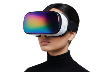 Isolated woman wearing a virtual reality headset with multicolored screen display technology