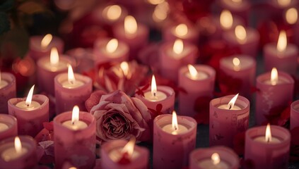 Many small, heart-shaped, light-pink candles, lit, create a warm, peaceful scene, surrounded by rose petals.