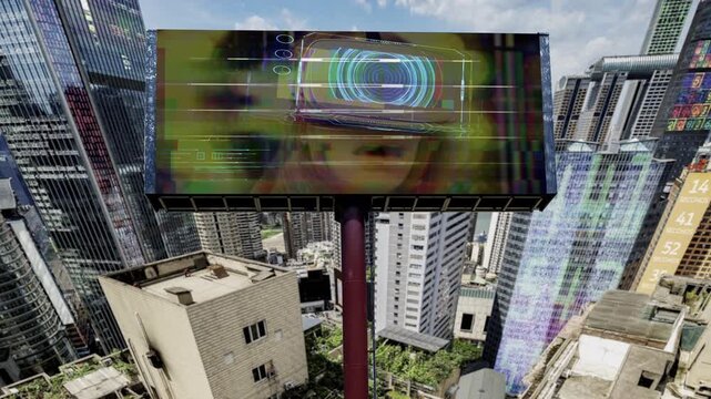 city with overlayed code and data and billboard with Vr woman
