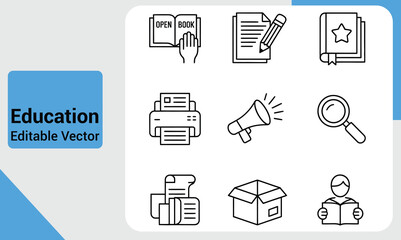 Fototapeta premium Office and Education Symbol Set with Books Documents and Communication Tools in Black and White Simple Line Art Style